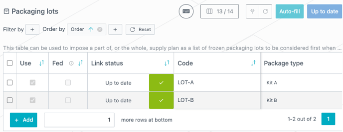 Packaging lot table after importing from project master data